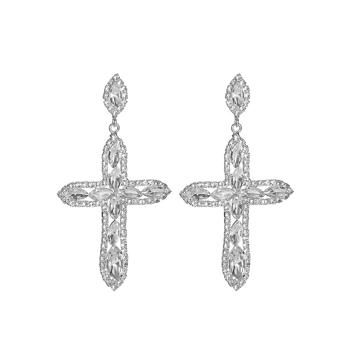 DINGKA Premium Sense Shiny Zircon Cross Long Earrings Women's Temperament Versatile Earrings Copper Ear Jewelry