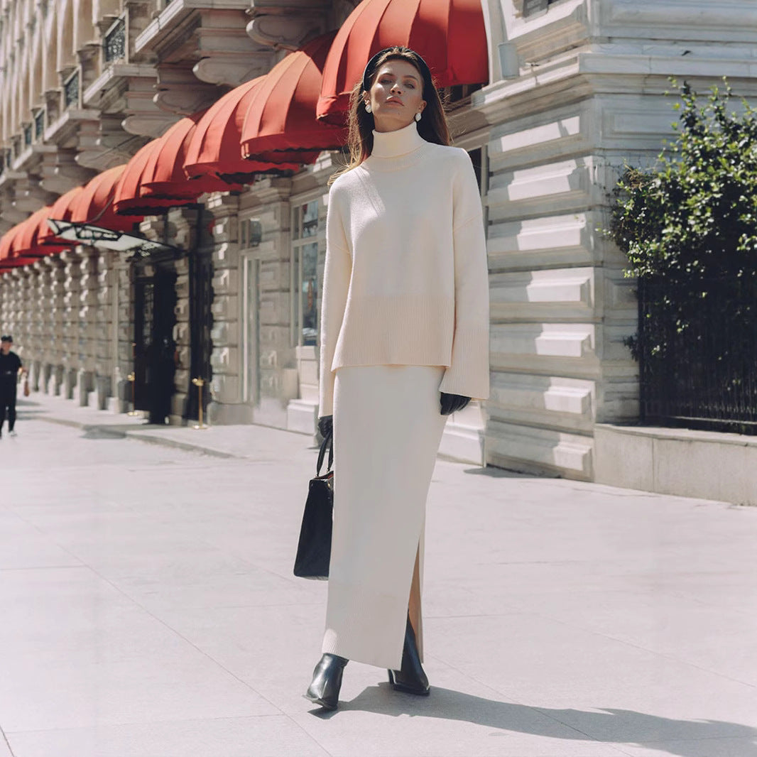 Knitted sweater set for women, Europe, America, autumn and winter new temperament loose sweater split skirt set