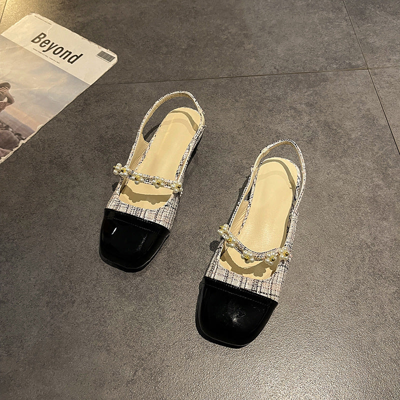 With skirt Mary Jane single shoes summer French small heel versatile pearl bag head sandals female new fairy style  beanie shoes