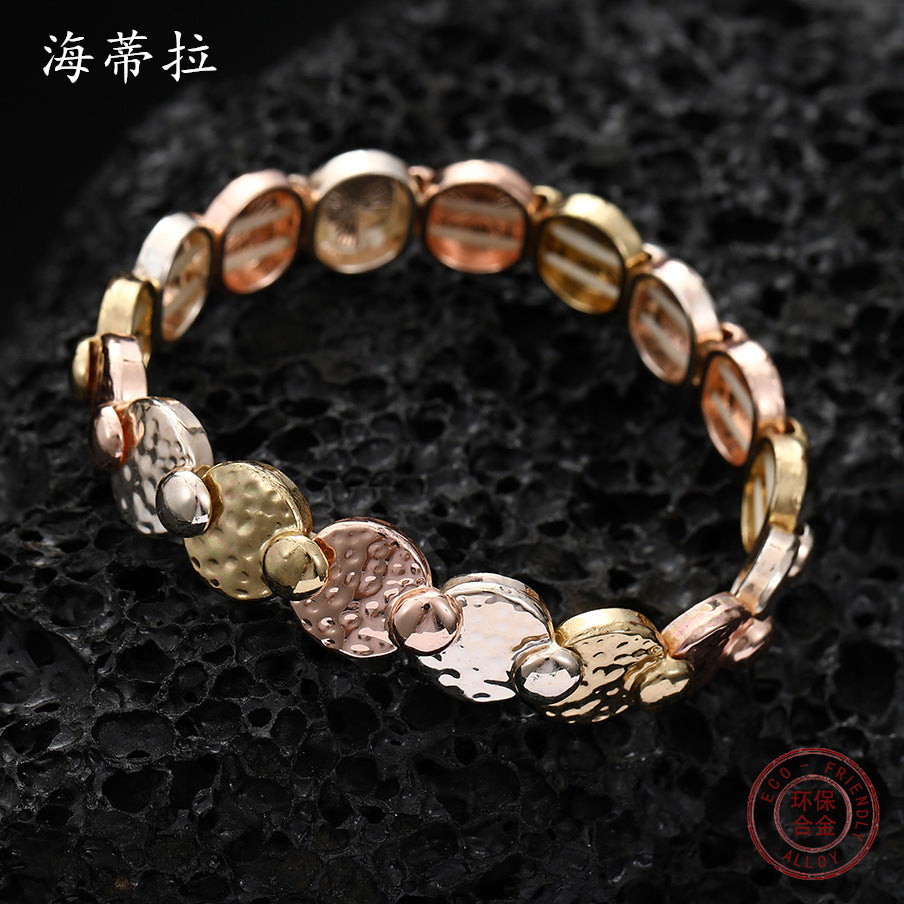 New round irregular alloy elastic bracelet, creative modeling electroplated three-color fashion women's bracelet