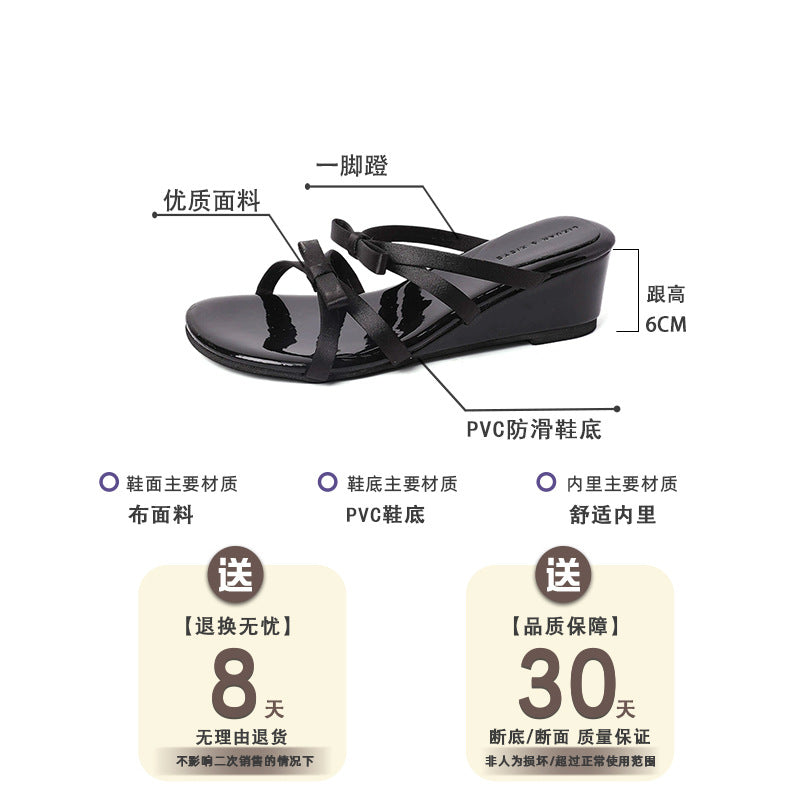 Fashion tribe fairy style bow thick bottom heightening slippers women's outer wear new summer open-toed sandals