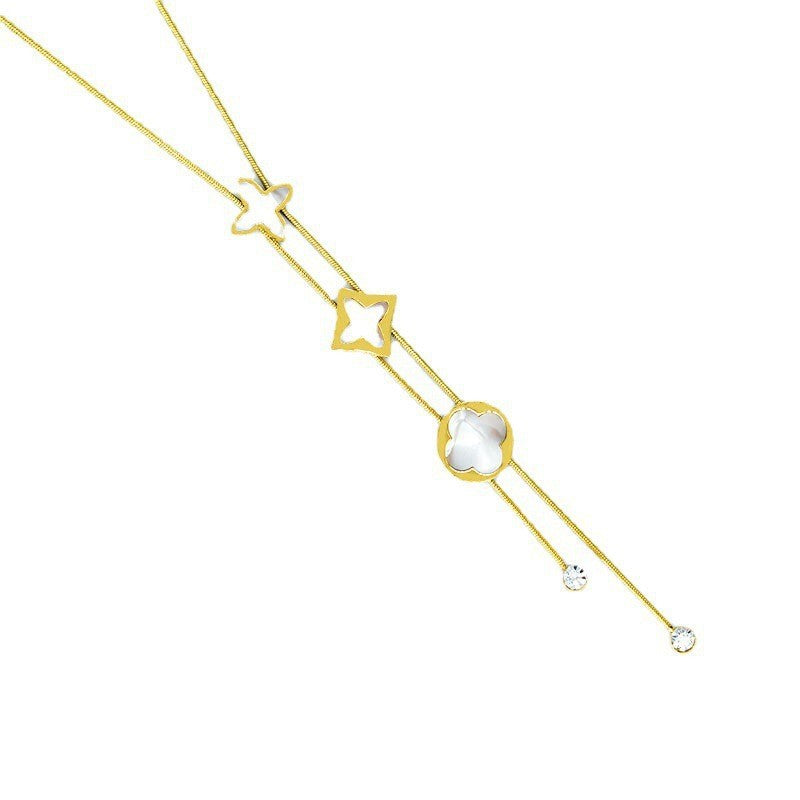 Korean version of the new temperament versatile titanium steel necklace female fringed four-leaf clover white fritillary simple niche collarbone chain jewelry