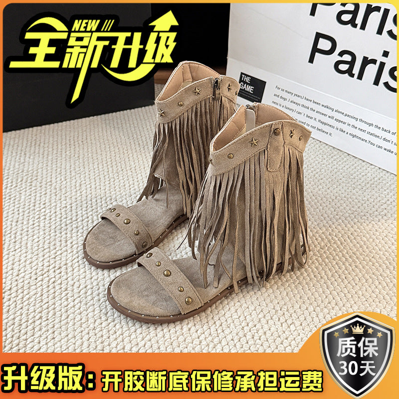 Fashion retro rivet fringed open-toed sandals women's  summer new niche design versatile Roman cool boot shoes tide