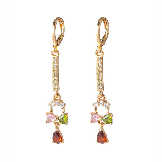 Choka, classic retro high-end luxury flower long-ear buckle women, fashionable color zircon earrings, versatile copper earrings.