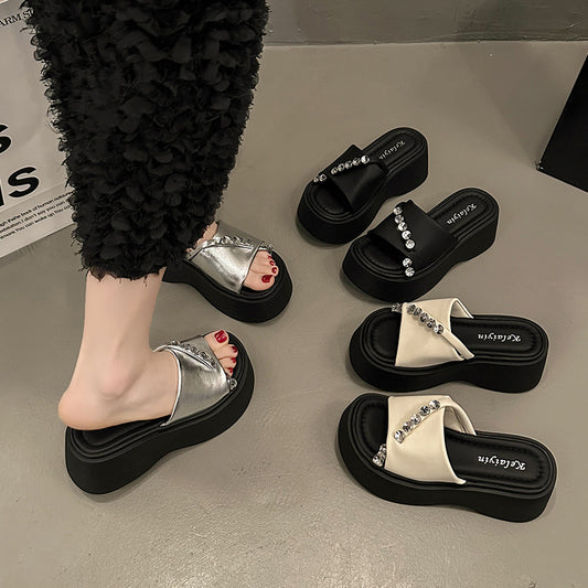 slippers women's summer wear fashion new rhinestone high-end thick-soled sandals flat-soled beach shoes women
