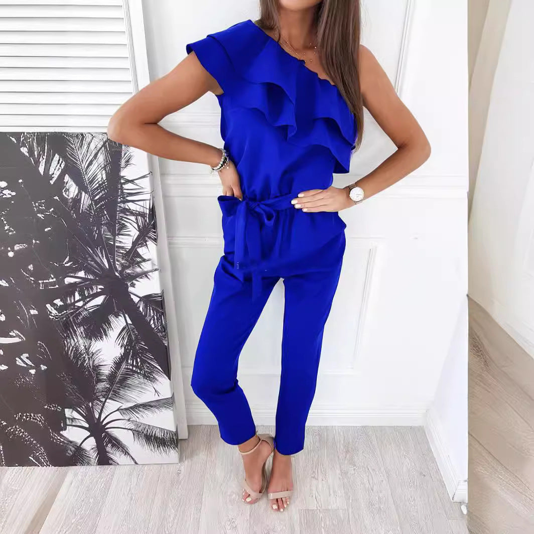 European and American women's clothing, casual shoulder fungus edge slim-fitting lace-up jumpsuit and pants  suits