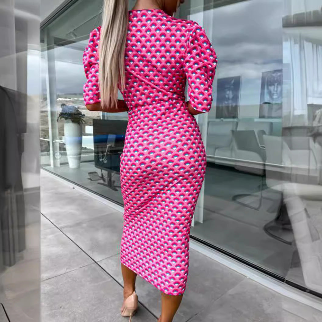 European and American women's clothing  foreign trade  spring and summer new V-neck short-sleeved slim-fitting hip-wrapped dress medium and long dress
