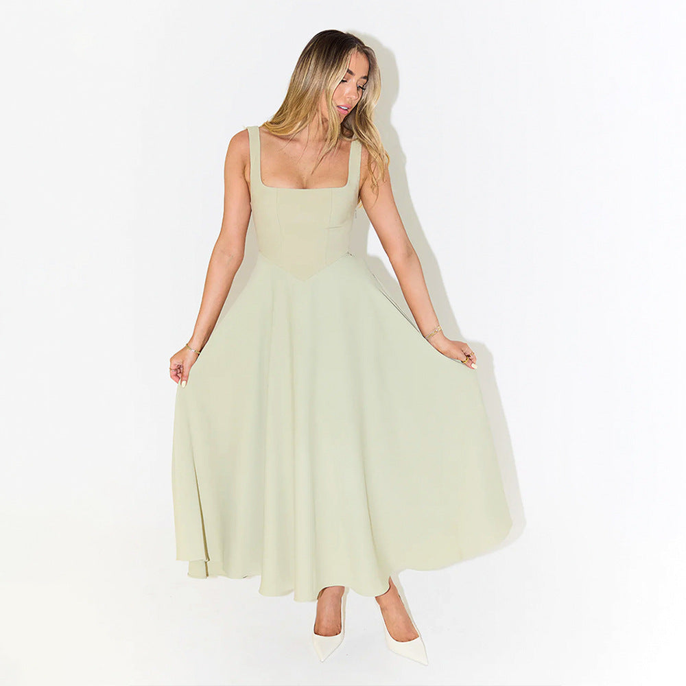 Cross-border French square collar slim-fitting long dress European and American summer simple fashion casual sleeveless suspender dress women