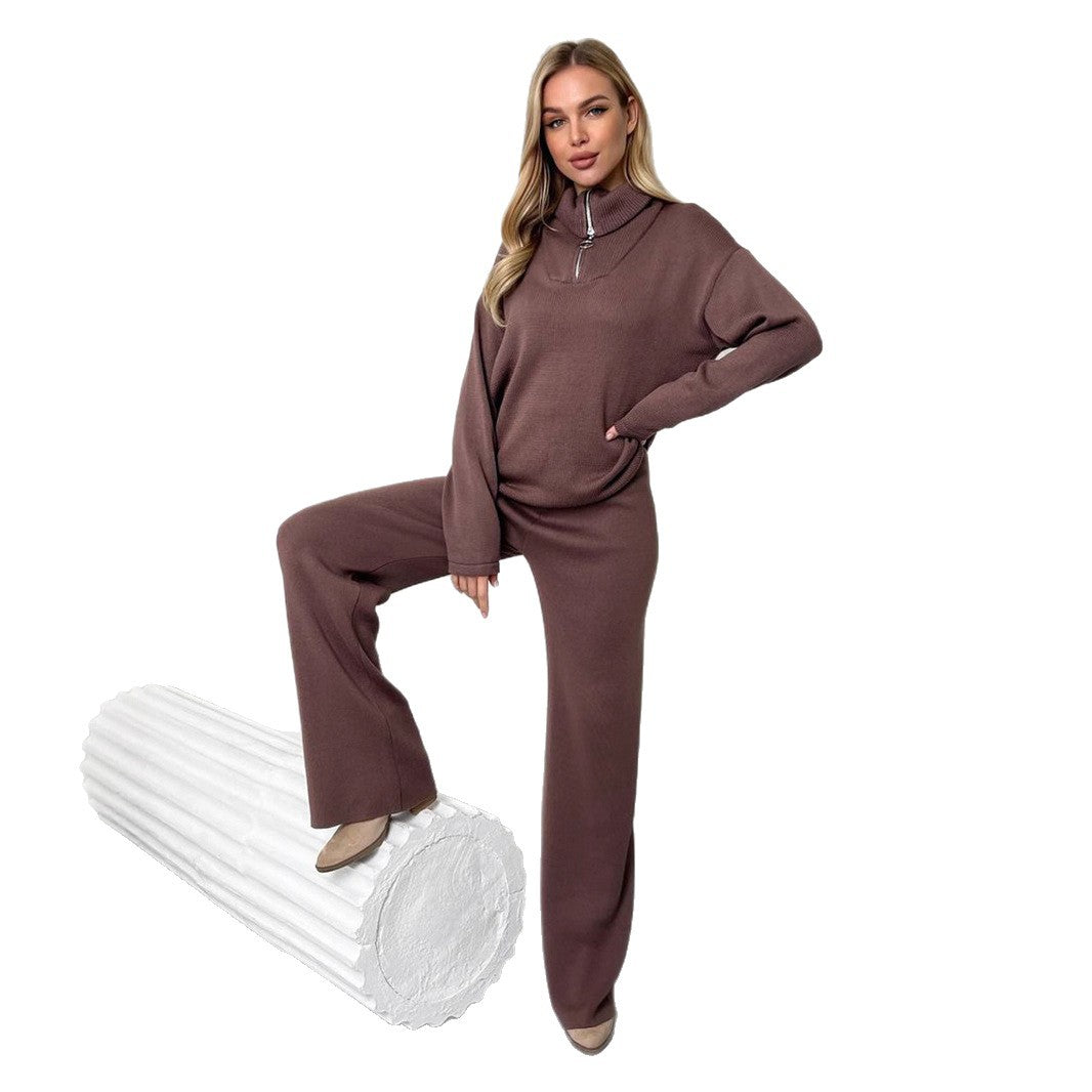 High-neck half-zipper long-sleeved wide-leg trousers suit, European, American autumn and winter new knitted casual suits for women