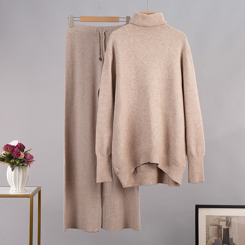 Cross-border solid color turtleneck sweater + wide-leg pants knitted two-piece set, European and American winter versatile loose sweater set   suits