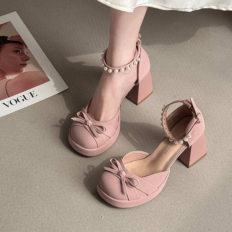 French bow thick heel Mary Jane shoes women new spring and summer fairy style with skirt sweet high heels beanie shoes