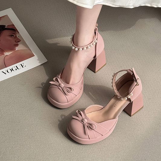 French bow thick heel Mary Jane shoes women new spring and summer fairy style with skirt sweet high heels beanie shoes
