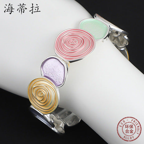 New round rose oil environmentally friendly alloy bracelet, artificial color oil elastic adjustable bracelet