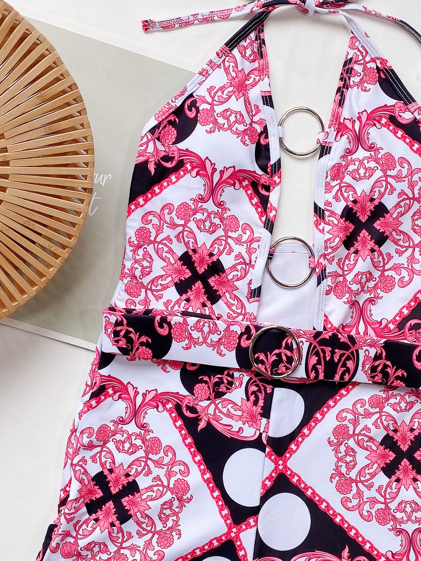 Bikini foreign trade new bikini  one-piece printed hollow strap one-piece swimsuits