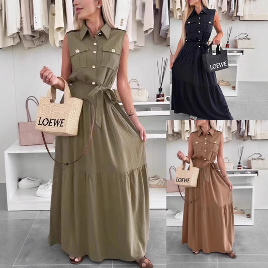 Summer European and American cross-border temperament commuter office dress solid color shirt collar single-breasted dress