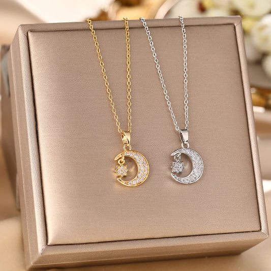 Titanium steel necklace female personality trend slightly inlaid zircon geometric stars moon collarbone neck chain jewelry