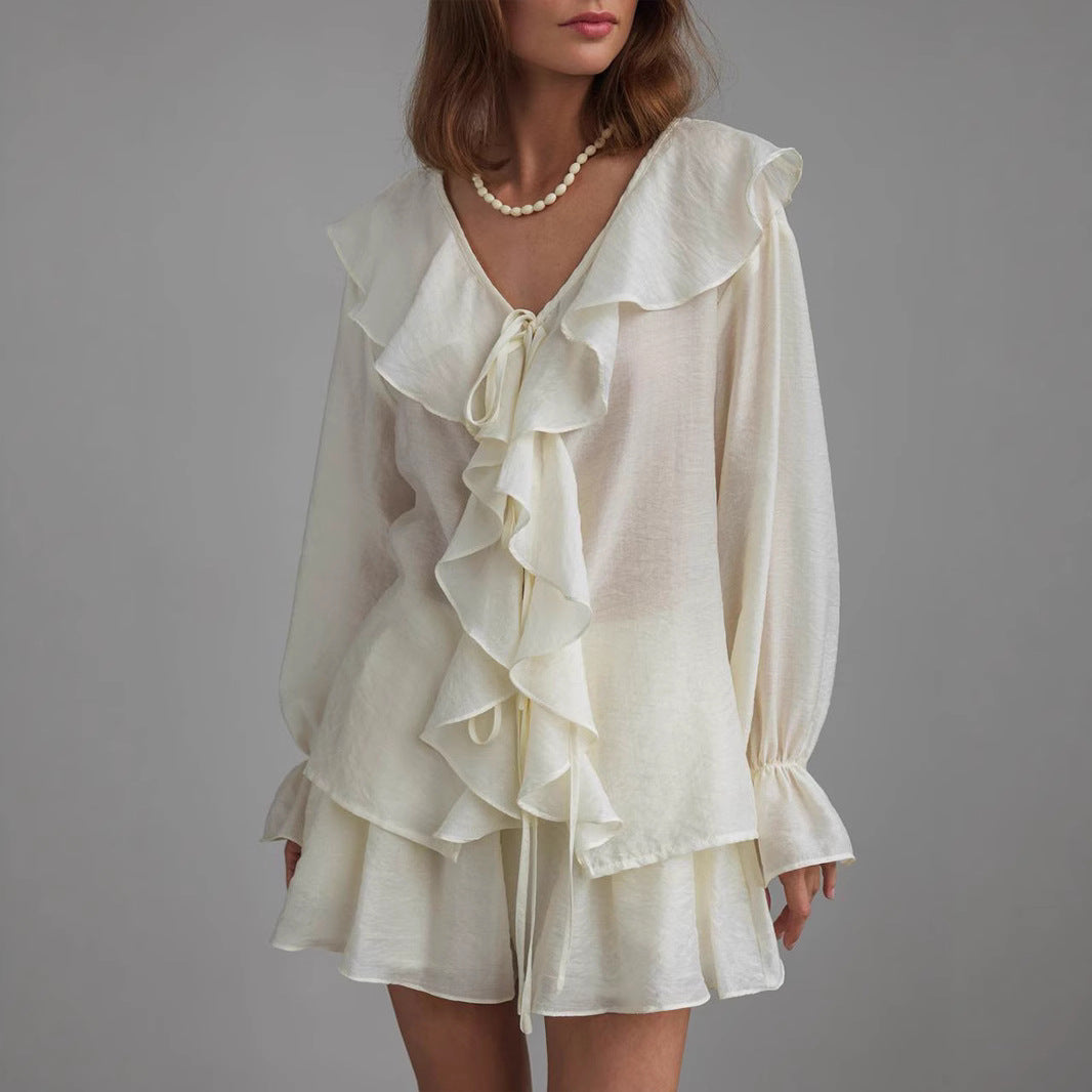French V-neck ruffle edge shirt shorts set European and American summer lace-up shirt shorts set women suits