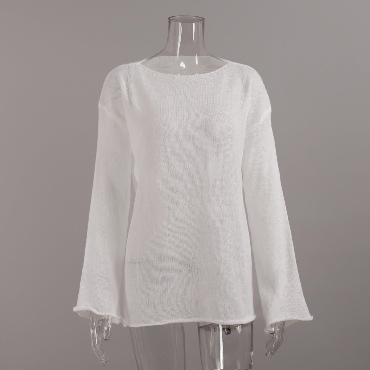 Hollow knitted sweater European, American spring and summer new women's perspective thin large round neck horn sleeve knitted T-shirt