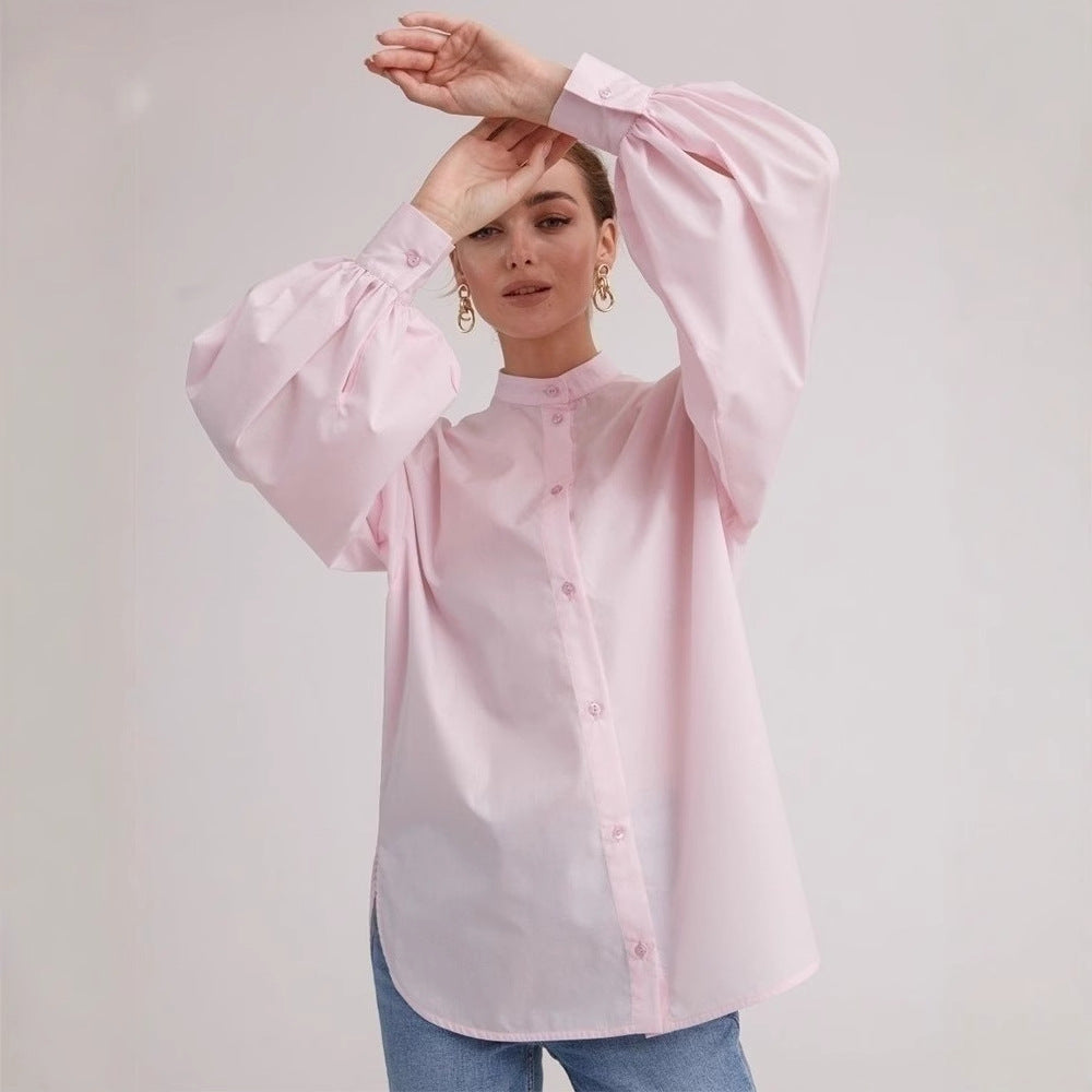 Lantern sleeve solid color shirt European and American spring and summer temperament Royal sister commuting versatile loose round neck shirt  t-shirts