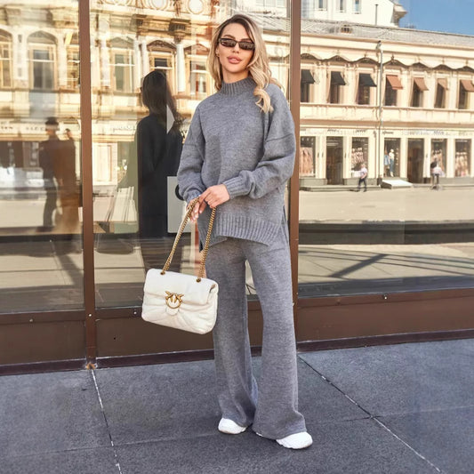 Knitted turtleneck sweater suit for women, European, American autumn and winter new loose long-sleeved trousers knitted suits for women