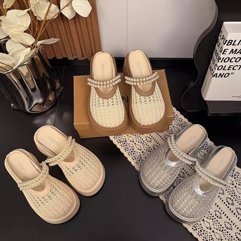 Mesh slippers summer retro woven outer wear pearl breathable hollow Ou Ruofeng Mary Jane girls bag head slippers