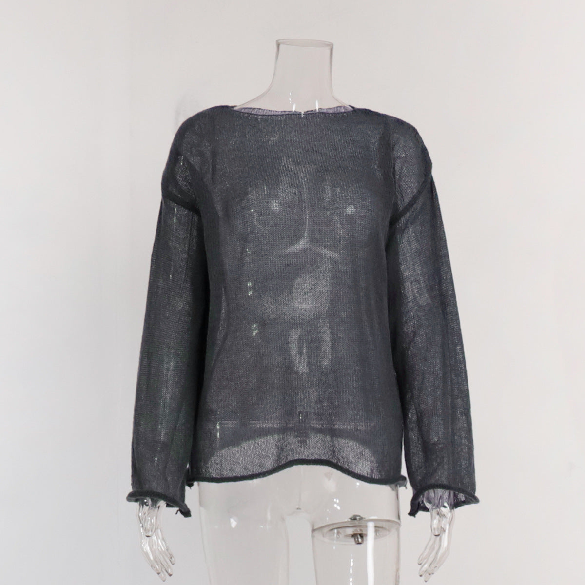 Hollow knitted sweater European, American spring and summer new women's perspective thin large round neck horn sleeve knitted T-shirt