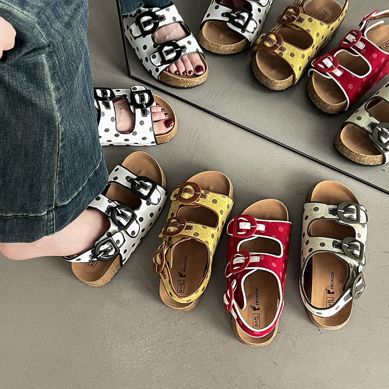 Polka dot platform Birkenstocks women's  new summer versatile and comfortable women wearing sandals with one foot and half drags  slippers