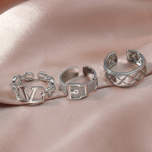 Japan and South Korea exquisite luxury plaid geometric opening metal rings temperament design sense letter index finger ring wholesale