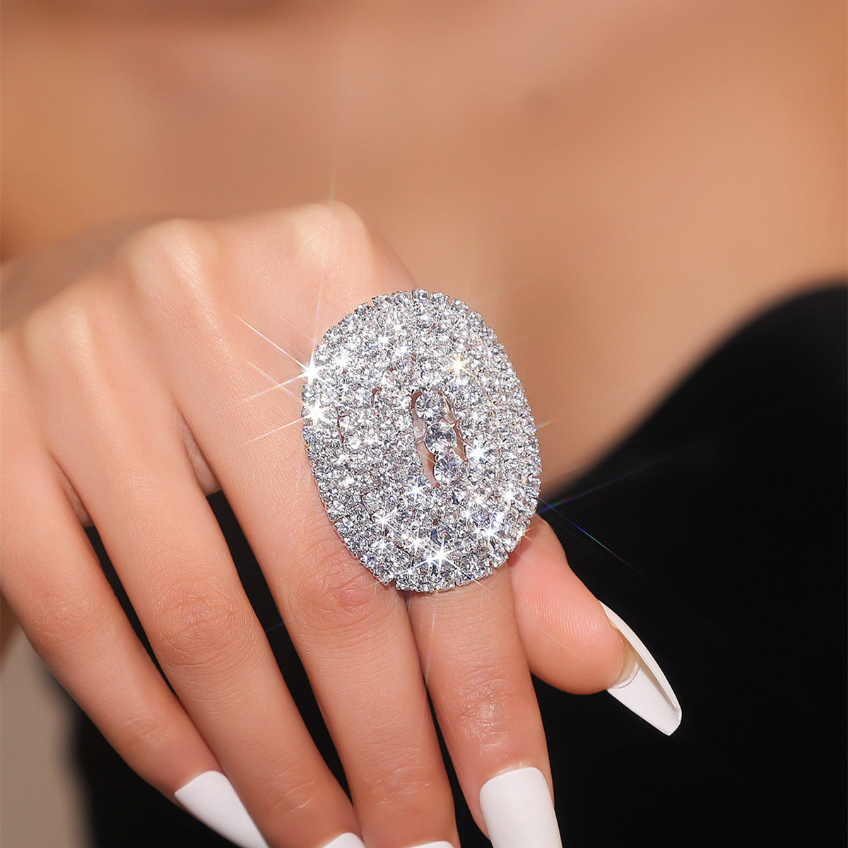 DINGKA geometric rhinestone ring femininity shiny full diamond opening adjustable rings ring hand jewelry