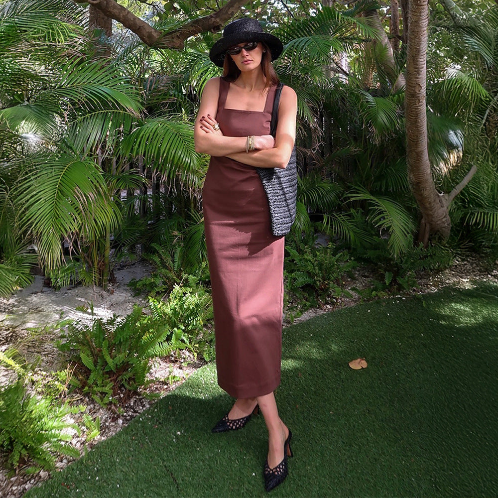 Cross-border simple solid color square neck suspender dress, European and American summer new slim cotton and linen long dress