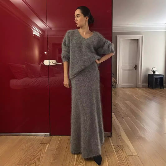 Imitation mink knitted set European and American autumn and winter new lazy V-neck sweater fishtail skirt set  suits