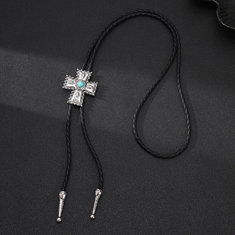 European and American punk denim bolo tie fashion tie cross turquoise sweater chain rope alloy pendant necklace