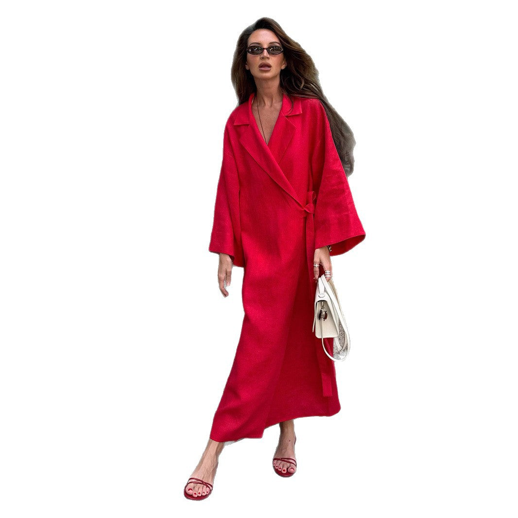 Cross-border cotton and linen dress, European and American autumn new women's lazy casual loose robe lapel lace-up dress
