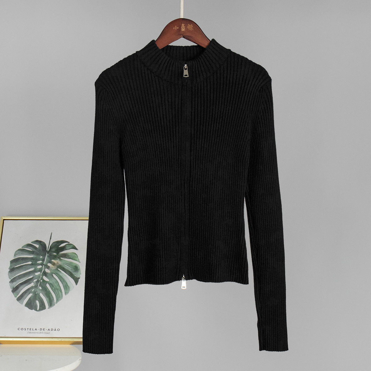Stand-up collar slim-fitting long-sleeved jacket European, American autumn and winter new double zipper cardigan warm knitted jacket women  sweater