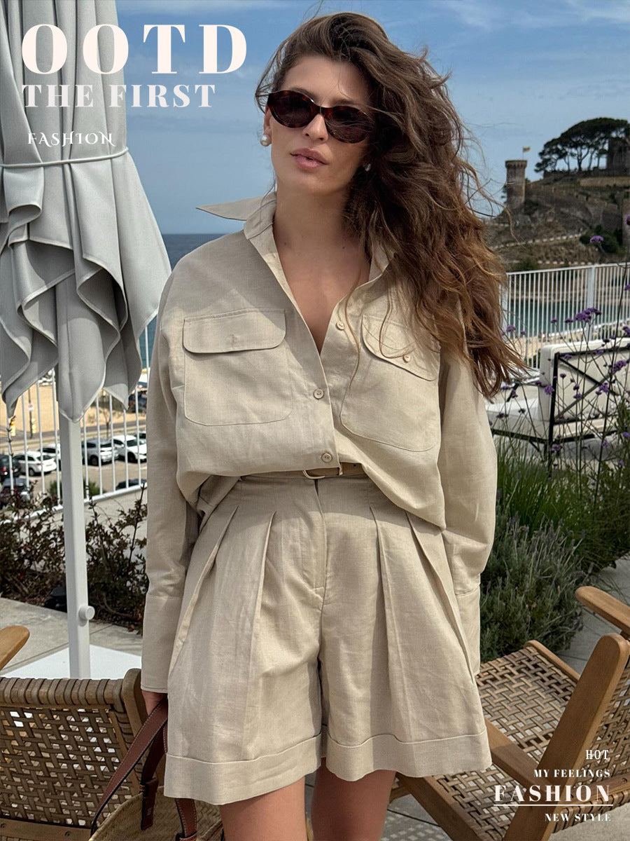 Cross-border pure cotton long-sleeved shirt shorts set women's European, American and summer new loose and breathable fashion casual suits