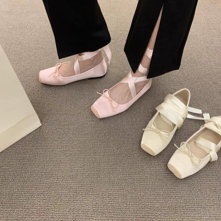 Ballet shoes single  beanie shoes women's  spring new flat temperament socialite wear square head Mary Jane shoes bridesmaid