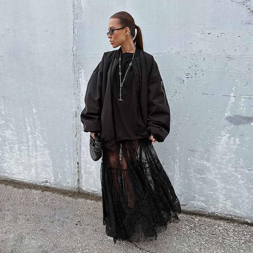 Black lace long skirt European and American summer new sexy perspective niche temperament skirt  dress