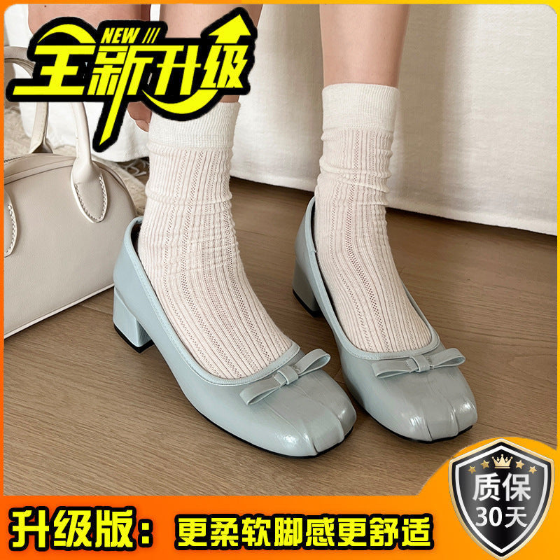 French retro light mouth high heel single shoes women's  new summer bow flat grandma shoes soft leather beanie shoes