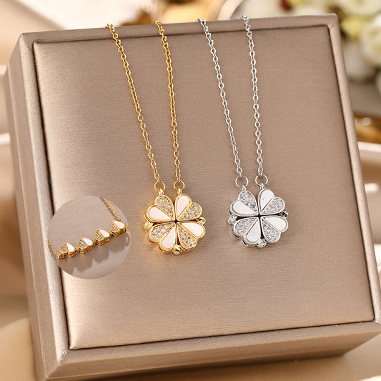 The Korean version of the live broadcast titanium steel necklaces for women wears more four-leaf clover magnetic zircon pendant high-end collarbone chain jewelry.