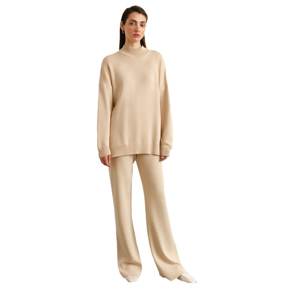 Solid color knitted turtleneck slit sweater set women's clothing European, American autumn and winter fashion casual lazy sweater set  suits