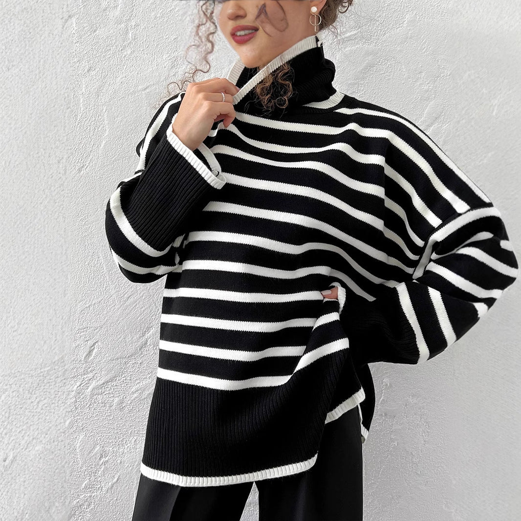 Turtleneck striped sweater women's Europe, America, autumn and winter new turtleneck pullover knitted sweater versatile loose sweater