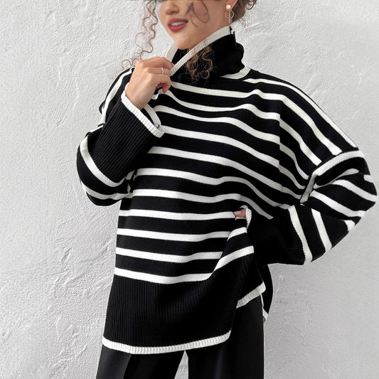 Turtleneck striped sweater women's Europe, America, autumn and winter new turtleneck pullover knitted sweater versatile loose sweater