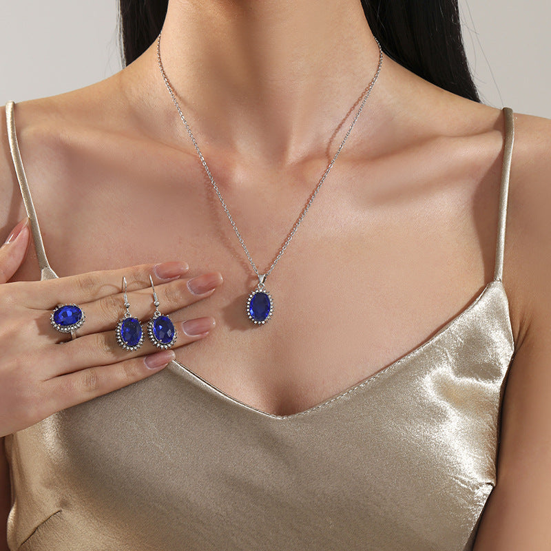 Dragon and explosive oval imitation zircon set super flash ring earrings necklace jewelry set wholesale