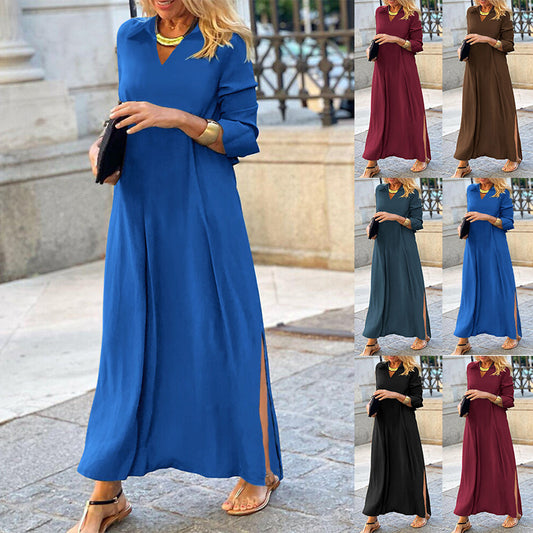 European and American dresses, new solid color V-neck long-sleeved simple casual skirts, autumn and winter dresses