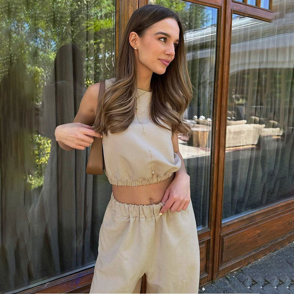 Cross-border cotton and linen set, European and American summer short sleeveless elastic waist top + trousers slit two-piece set  suits