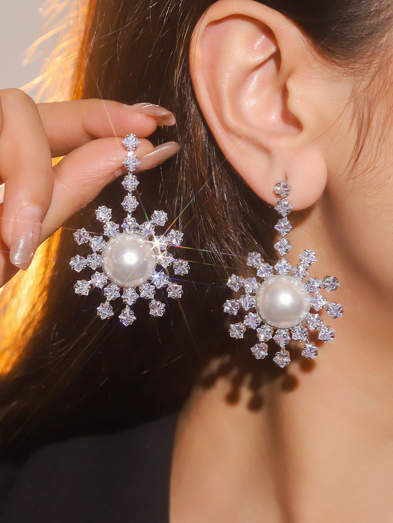 Dichka fashion geometric pearl zircon crystal long fringed earrings women's high-end luxury temperament stud earrings earrings