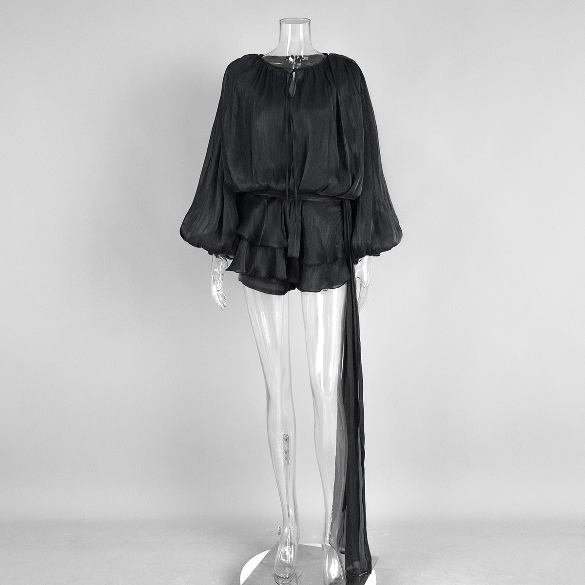 Chiffon long-sleeved dress European and American summer new lantern sleeve lace-up short skirt ruffle leaf edge dress