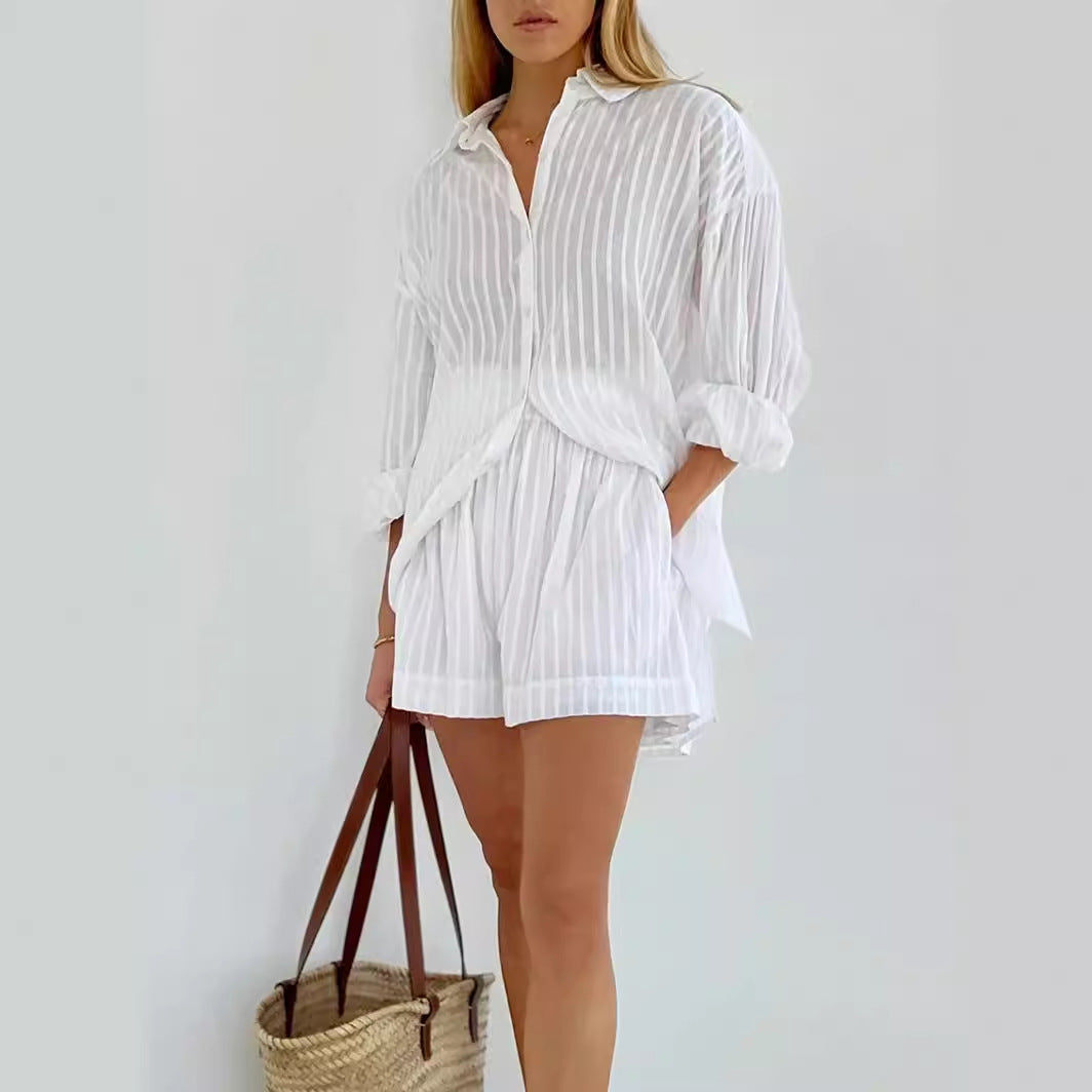 Cross-border pure cotton shirt set, European and American summer new women's white vertical striped shirt shorts casual suits