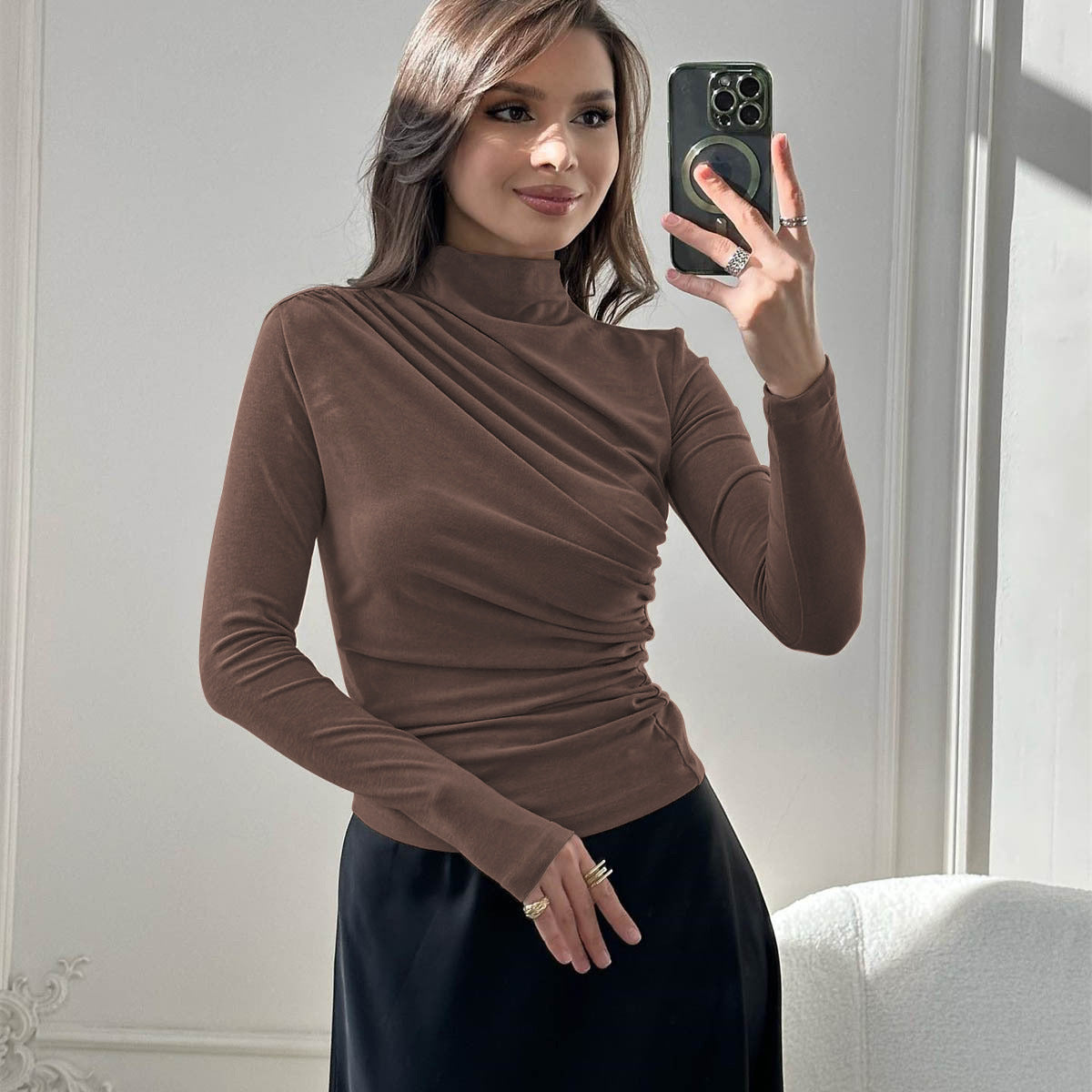 European and American women's long-sleeved top, sexy new T-shirt stand-up collar slim-fitting bottoming shirt top