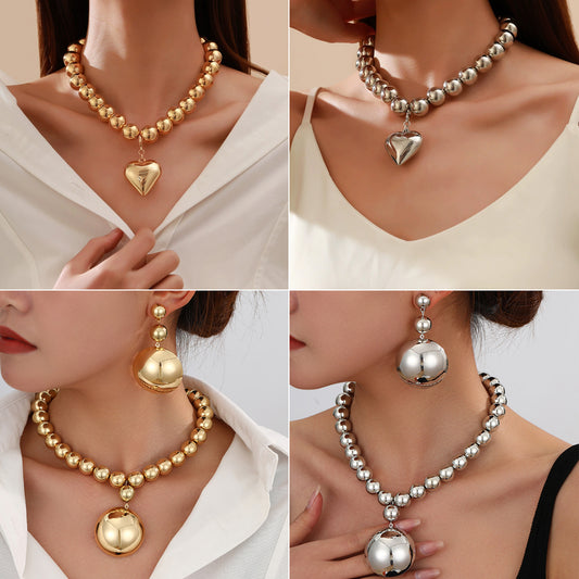 European and American jewelry geometric exaggerated large round beads love pendant punk beaded collar collarbone chain necklace women